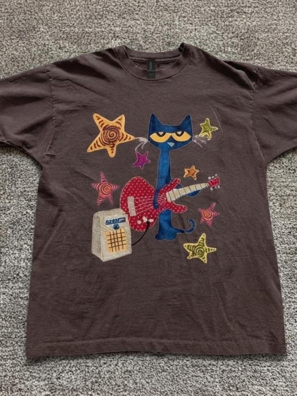 Gildan Dark Tee with Blue Cat Playing Red Guitar